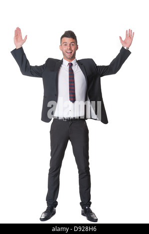 Expansive junger Geschäftsmann, Gesten, Ganzkörperansicht, isoliert auf weiss Stockfoto