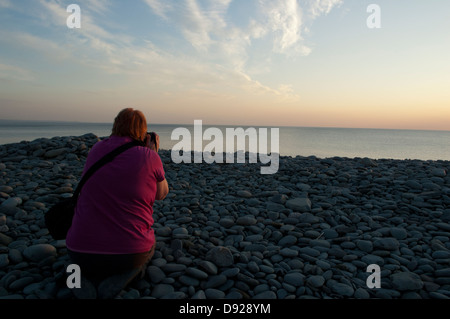 Frau am Fotografieren an Tan Y Bwlch Strand in Aberystwyth an einem späten Sommerabend. Stockfoto