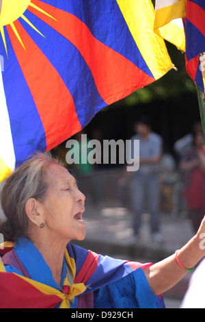 Eine alte tibetische Frau hält eine tibetische Flagge, wie sie beteiligt sich an einer Protestkundgebung in Neu-Delhi, Indien. Stockfoto