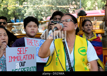 Eine tibetische Frau protestiert gegen die chinesische Besetzung Tibets in Neu-Delhi, Indien. Stockfoto