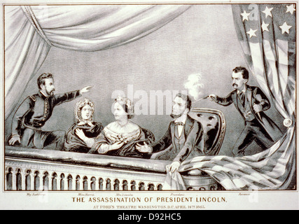 Ermordung von Abraham Lincoln. Henry Rathbone, Clara Harris, Mary Todd Lincoln, Abraham Lincoln und John Wilkes Booth. Stockfoto