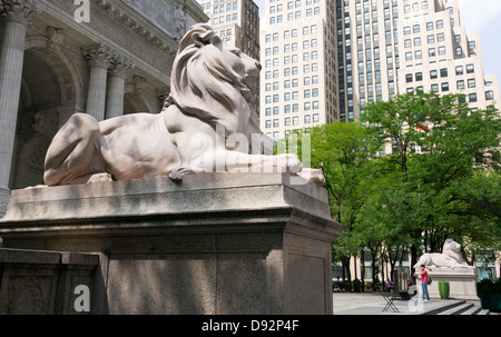 Die zwei Löwen vor der New York Public Library in der Fifth Avenue in New York City Stockfoto