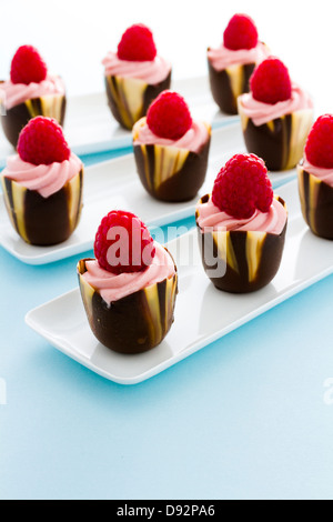 Kleine Schokolade Reaspherry Tulpe Tassen an Dessert-Bar. Stockfoto