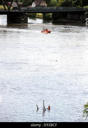 Lauenburg, Deutschland. 10. Juni 2013. Fahnenmasten stehen in den Fluten der Elbe in der Nähe von Lauenburg, Deutschland, 10. Juni 2013. Laut einem Sprecher der Feuerwehr haben die Wasserstände 9,29 m erreicht. Wenn sie 9,30 m erreicht müssen der Strom abgeschnitten werden. Foto: CARSTEN REHDER/Dpa/Alamy Live News Stockfoto