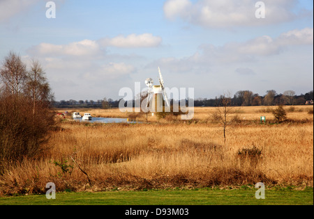 Ein Blick auf die Norfolk Broads über Schilf und der Fluss Ameise aus wie Hill, Ludham, Norfolk, England, Vereinigtes Königreich. Stockfoto