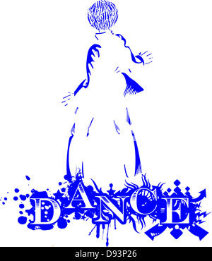Tänzerin in der Silhouette hinter das Wort Tanz Stockfoto