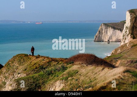 Ein Blick von oben auf den Klippen der Küste von Dorset mit einem Künstler Stockfoto