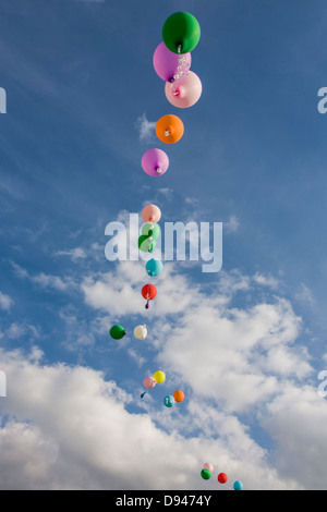 schwimmende Schnur von bunten Luftballons mit Helium gefüllt Stockfoto