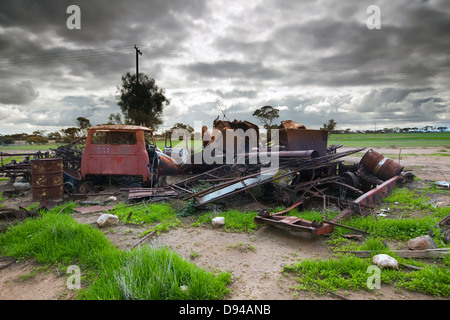 Bauernhof Landwirtschaft bäuerliche Landwirtschaft Widerhaken Drahtzaun Zäune Land Plätze Yorke Peninsula South Australia Tor Post einsamen Baum grau Stockfoto