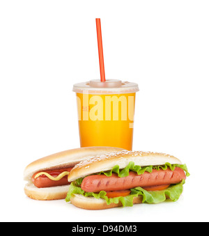 Fast-Food Drink und zwei Hot-Dogs mit verschiedenen Zutaten. Isoliert auf weißem Hintergrund Stockfoto