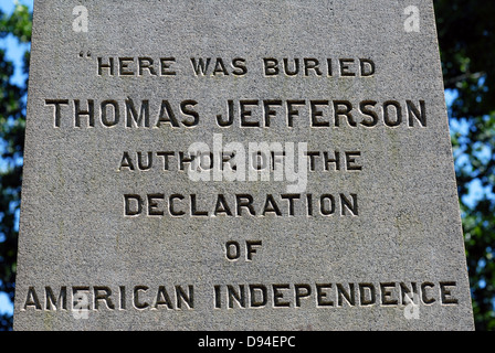 Jeffersons Grabmal und Friedhof in Monticello in der Nähe von Charlottesville, Virginia, USA. Stockfoto