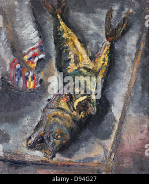 Ein Ölgemälde auf Leinwand von einem Stillleben mit Fisch auf einem grauen Tisch. Nach dem Angeln Thema Kunstwerk. Stockfoto