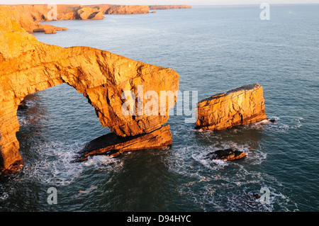 Grüne Brücke von Wales bei Sonnenuntergang St Govans Kopf Pembrokeshire Coast National Park Wales Cymru UK GB Stockfoto