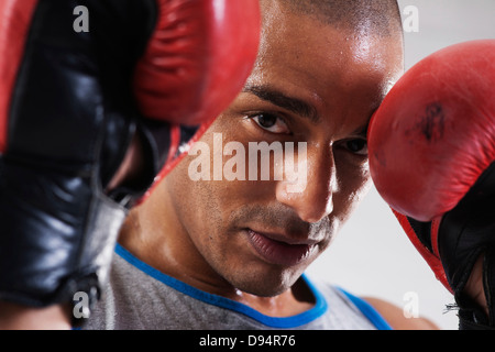 Mann trägt Boxhandschuhe im Studio mit weißem Hintergrund Stockfoto