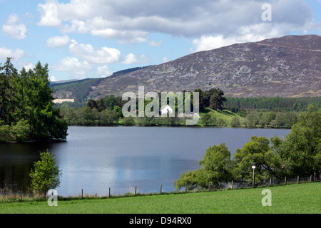 Blick über Loch Alvie in Richtung Alvie Kirche Stockfoto