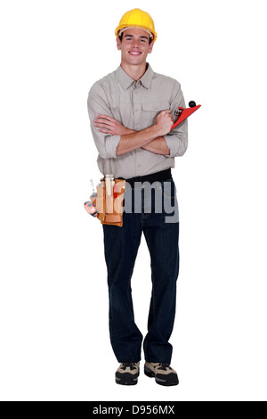 Mann hält Holz Flugzeug Stockfoto