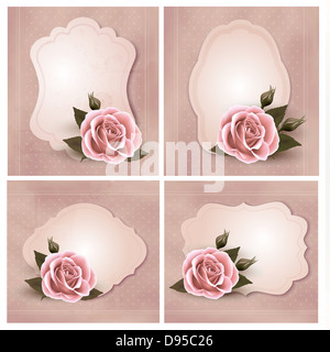 Sammlung von Retro-Grußkarten mit rosa Rose. Vektor-Illustration. Stockfoto