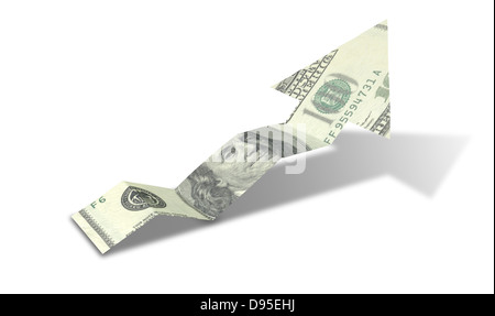 Eine Pfeil Schaubild Entwicklung geprägt 100-Dollar-Banknote zeigt einen wirtschaftlichen Aufwärtstrend auf einem isolierten Hintergrund Stockfoto