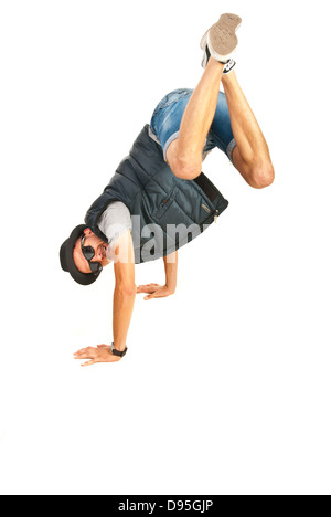 Break Dancer mit Beinen in der Luft isoliert auf weißem Hintergrund Stockfoto