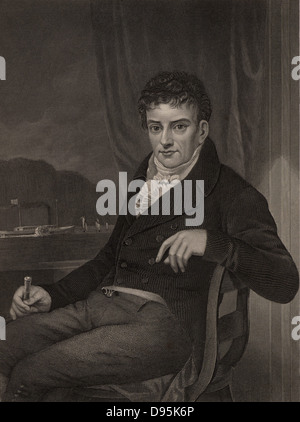 Robert Fulton (1765-1815) amerikanischer Ingenieur und Erfinder in Lancaster County, Pennsylvania geboren. Seine steamboat "Clermont" einer erfolgreichen Reise über den Hudson River von New York in Albany am 14. August 1807, läutet den Beginn der kommerziellen steamboat Verkehr. Gravur. Stockfoto