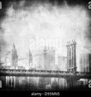 Grunge Bild der Skyline von Manhattan Bridge und New york Stockfoto