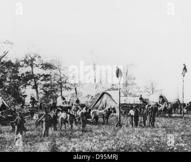 Telegraph Bau Camp während Amerikanischer Bürgerkrieg 1861-1865 fotografiert im Feld. Stockfoto