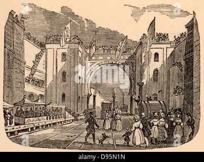 Eröffnung der Liverpool und Manchester Railway, England am 15. September 1830. Der Techniker für die Arbeit war George Stephenson (1781-1848). Holzschnitt aus "Straßen und Eisenbahnen, Fahrzeuge, und Modi des Reisens' (London, c 1840). Stockfoto