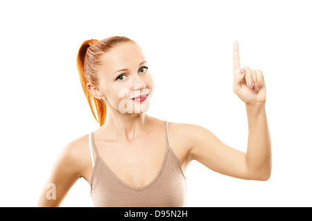 Junge Frau mit gesunder Haut nach oben isoliert auf weiss Stockfoto