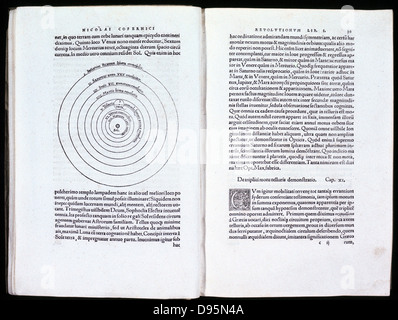 Nikolaus Kopernikus (1473-1543) der polnische Astronom. Verbreitung seiner "De revolutionibus orbium coelestium" Nürnberg 1543, Zeichnung von seinem Heliozentrischen (sun-zentriert) Theorie des Universums. Stockfoto