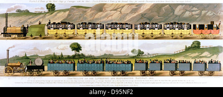 Reisen auf der Liverpool und Manchester Railway 1831. Top: 1.Klasse Wagen durch die Lokomotive "Jupiter" gezeichnet. Unten: 2. und 3.Klasse Wagen von Lokomotive 'North Star' gezeichnet. Erste Pkw Bahn der Welt, der Liverpool und Manchester eröffnet 15. September 1830: Principal Engineer George Stephenson. Lithographie. Stockfoto