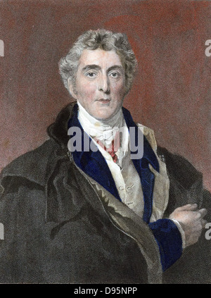 1. Arthur Wellesley Herzog von Wellington (1769-1852), britischer Soldat und Staatsmann. Besiegte Napoleon bei Waterloo. Handcolorierte Kupferstich nach Portrait von Thomas Lawrence. Stockfoto