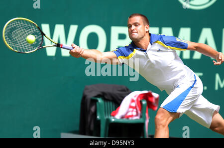 Halle Westfalen, Deutschland. 12. Juni 2013. Russische Tennisspielerin Mikhail Youzhny spielt den Ball in einem Spiel gegen die japanischen Nishikori Youzhny beim ATP-Turnier in Halle /Westphalia, Deutschland, 12. Juni 2013. Foto: OLIVER KRATO/Dpa/Alamy Live News Stockfoto