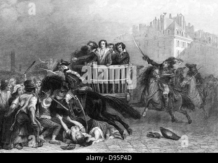 Französische Revolution: Letzte Opfer der Schreckensherrschaft ergriffen, um die Guillotine in einem Bildrand. Gravur. Stockfoto