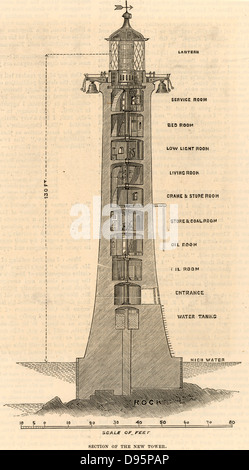 Zweite Eddystone Leuchtturm gebaut auf dem Stein 13 km süd-östlich von Polperro, Cornwall, England, die bis zu 50 Schiffe ein Jahr beantragt werden. Der englische Ingenieur und Kupferstecher Heinrich Winstanley (1644-1703) im Jahre 1699, in einem Sturm zerstört am 26. November 1703 errichtet. Von den bildhaften Galerie der Künste" von Charles Knight (London, c 1851). Gravur. Stockfoto