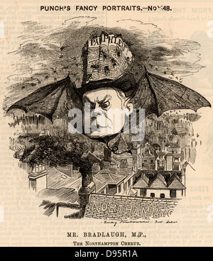 Charles Bradlaugh (1833-1891) englischer Politiker, Denker und Sozialreformer. Unter dem Namen "Ikonoklast" unterrichtete. Mitglied des Europäischen Parlaments für Northampton 1880 gewählt wurde, verweigerte den Eid der Treue zu schwören und vertrieben. Neu gewählt und bis 1886, als er schließlich den Eid, mit dem er sich abgelehnt. Cartoon von Edward Linley Sambourne in der Punch Fancy Porträts aus der Serie 'Lochen' (London, 10. September 1881). Stockfoto