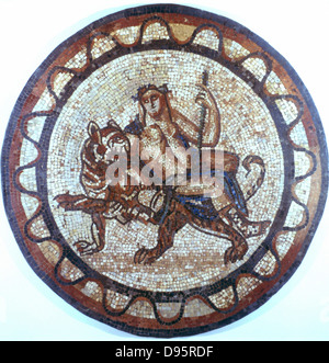 Bacchus, alte Römische Gott des Weines (Dionysius in der griechischen Pantheon) Reiten auf einem Tiger. Römische Mosaik der 1. oder 2. nachchristlichen Jahrhundert. British Museum, London Stockfoto