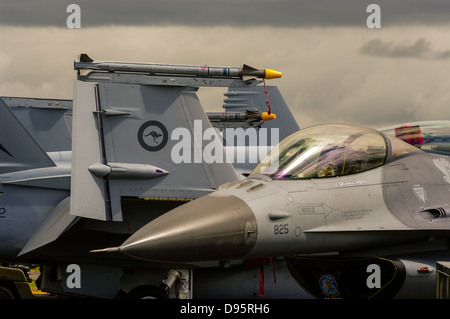 Nahaufnahme einer RAAF F-18 Hornet und ein USAF F-16 Fighting Falcon Kampfjet. Stockfoto