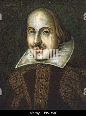 William Shakespeare (1564-1616), englischer Dramatiker. Anonym Porträt in Öl vom 1609. Dies ist das Portrait gestochen von Droeshout zum ersten Folio von 1623 Stockfoto