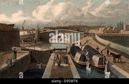 Die Double Lock, & Osten Eingang zum Tunnel, Islington Regent's Canal, London. Das sind Pfund Schlösser. Der Bau des Kanals wurde vom Parlament im Jahr 1812 genehmigt und im Jahr 1820 die Grand Junction Canal Verband am Paddington Basin. Illustration von Thomas Hosmer Shepherd (c 1817 - c 1842) von "London und Umgebung im 19. Jahrhundert" (London, 1828). Stockfoto