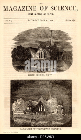 Titel von "Das Magazin der Wissenschaft' (London, 4. Mai 1839), die die Faksimiles von Bilder von William Henry Fox Talbot (1800-1877) "Photogenen Zeichnung 'Prozess auf dem das Magazin einen Artikel innen durchgeführt. Fox Talbot, Englischer Pionier auf dem Gebiet der Fotografie. Stockfoto