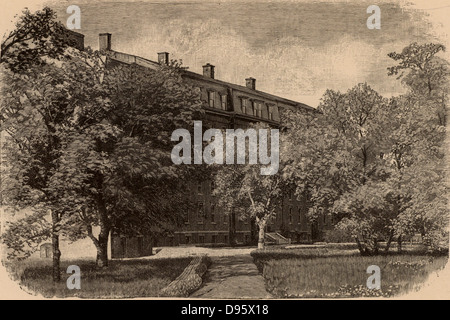 Museum für Vergleichende Zoologie, Universität Harvard, Amerika, (Jean) Louis (Rodolphe) Agassiz (1807-1873) Swiss-born American Naturalist und Glaziologe, und durch seinen Freund Francis C Grau ausgestattet, eingeweiht am 13. November 1860 gewidmet. Gravur von "Louis Agassiz: sein Leben und seine Korrespondenz" von Elizabeth Cary Agassiz (Boston, 1885). Stockfoto