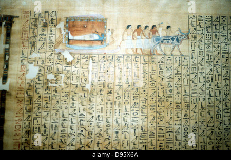 Alten ägyptischen Papyrus des Buches der Toten zeigt Pharao auf Bahre zur Beerdigung gezeichnet wird. Stockfoto