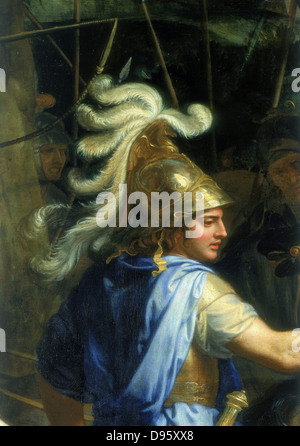 Von Alexander dem Großen Kopf. Detail von "Alexander und Poros' durch Chalrews Le Brun (1619-1690). Ab Serie von Bildern, auf die Geschichte von Alexander dem Großen. Louvre, Paris. Stockfoto