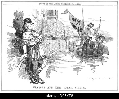 Der britische Premierminister, Herbert Asquith, sich selbst Peitschen zu den Bahndamm an der Westminster sich von den Sirenen in der steamboat Aufruf zur Stimmabgabe für Frauen zu schützen. Cartoon von Edward Linley Sambourne von 'Lochen', London, 8. Juli 1908. Stockfoto