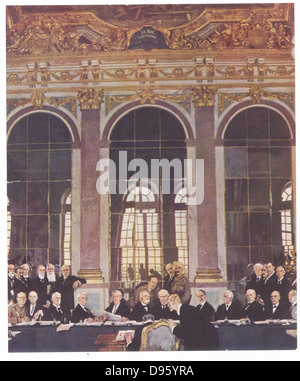 Erster Weltkrieg: unterzeichnen Vertrag von Versailles in die Hall of Mirrors, 28. Juni 1919. Nach dem Gemälde von William Orpen (1878-1931). Stockfoto