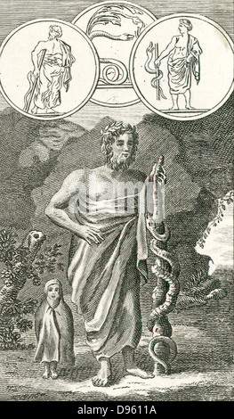 Aesculapius (Asklepios) Römischen und Griechischen Gott der Heilkunst, Sohn von Apollo und Hygeia, mit seinem Symbol einer Schlange verschlungen Runde einen Stab. Gravur, 1798. Stockfoto