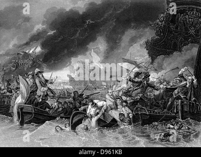 Schlacht von La Hogue. Britisch Naval Sieg über die Franzosen unter Tourville, 19. Mai 1692. Krieg der Grand Alliance. Stich nach dem Gemälde von Benjamin West. Stockfoto