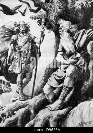 Odin oder Wotan. Einer der wichtigsten Götter der nordischen Mythologie. Gott des Krieges. Hier sucht er Weisheit, ihn zu treffen. Für diese opfert er ein Auge. Mit ihm sind die Raben Huggin (Gedanke) und Muninn (Speicher). Rasterungs-c1900. Stockfoto