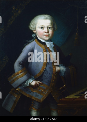 Wolfgang Amadeus Mozart (1756-1791), österreichischer Komponist. Mozart im Alter von 7, in Gala Kleid, stehend mit der Tastatur. Anonym. Universität Mozarteum, Salzburg. Stockfoto