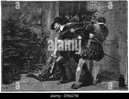 Gunpowder Plot, Römisch-katholischen Verschwörung bis zu Englischen Häusern des Parlaments am 5. November 1605 Schlag, als James I durch neue Sitzung zu öffnen. Festnahme von Guy Fawkes in den Kellern des Parlaments. 19. jahrhundert Holzstich. Stockfoto